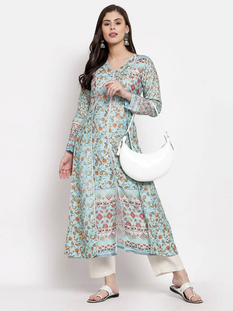 Myshka Women's Multi Cotton Printed Full Sleeve V Neck Casual Kurta