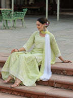 Juniper Women's Lime Green Cambric Floral Print Kurta Sharara Sets - Distacart