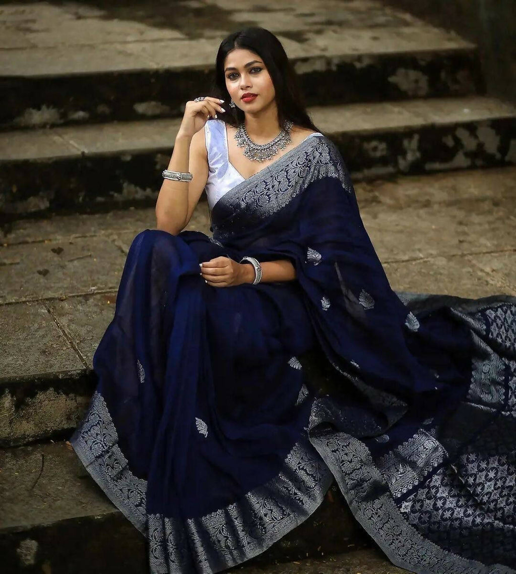DEIANA'S Beautiful Designer Golden zari Soft Lichi Silk Saree - Navy Blue
