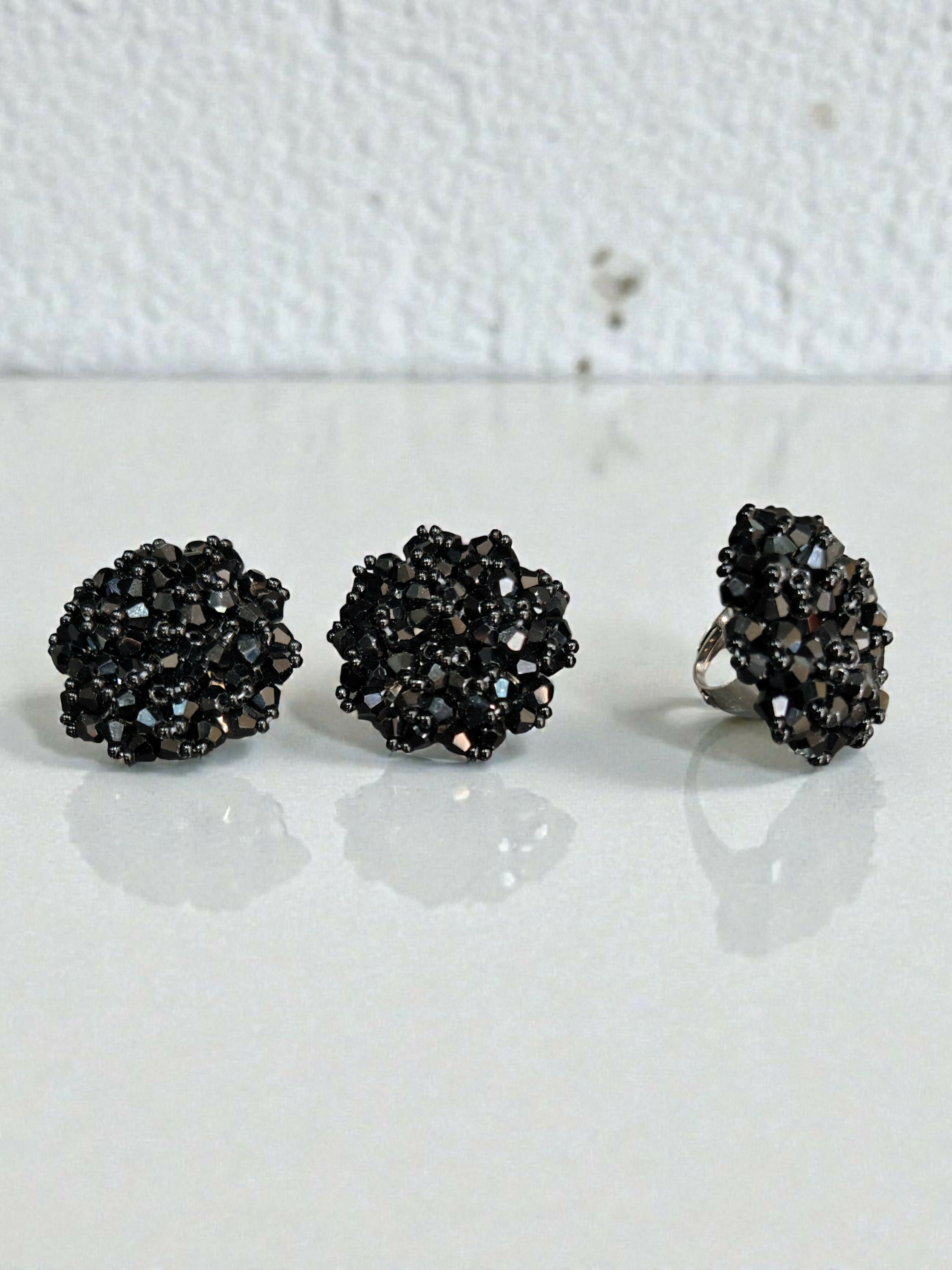 Inhanns Rangmani Crystal Duo – Adjustable Ring + Statement Earrings Set - Black - Distacart