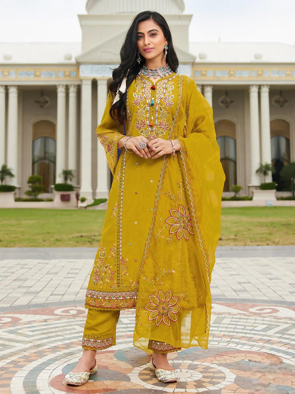 Anaita Mustard Cotton Stitched Suit with Embroidery Viscose Multi Thread Work - Distacart