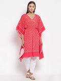 Myshka Women's Pink Cotton Printed 3/4 Sleeve V Neck Casual Kaftan