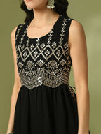 Myshka Women's Black Embroidered Georgette Anarkali Party Kurta Set