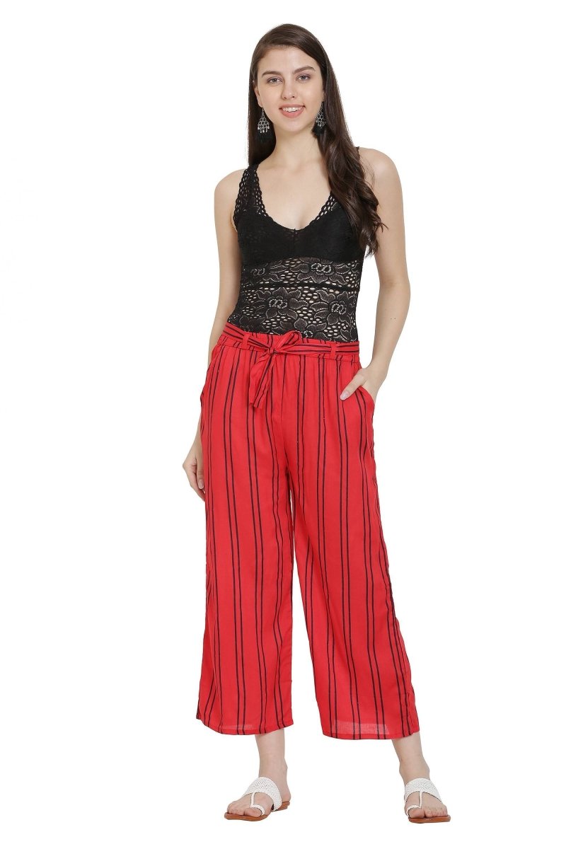 Asmaani Red Color Rayon Fabric Stripped Palazzo