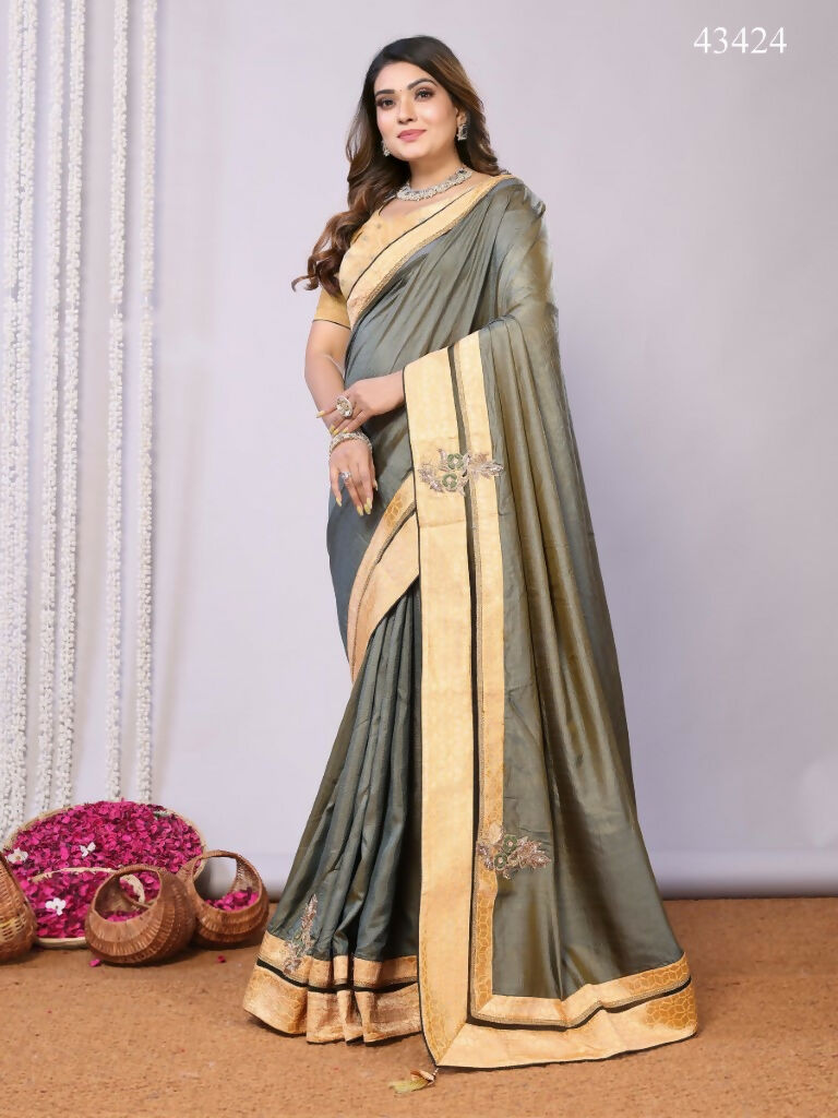 Olive Tusser Silk Resham Cord And Sequins Embroidery Handwork Butta Saree - Norita Saumya
