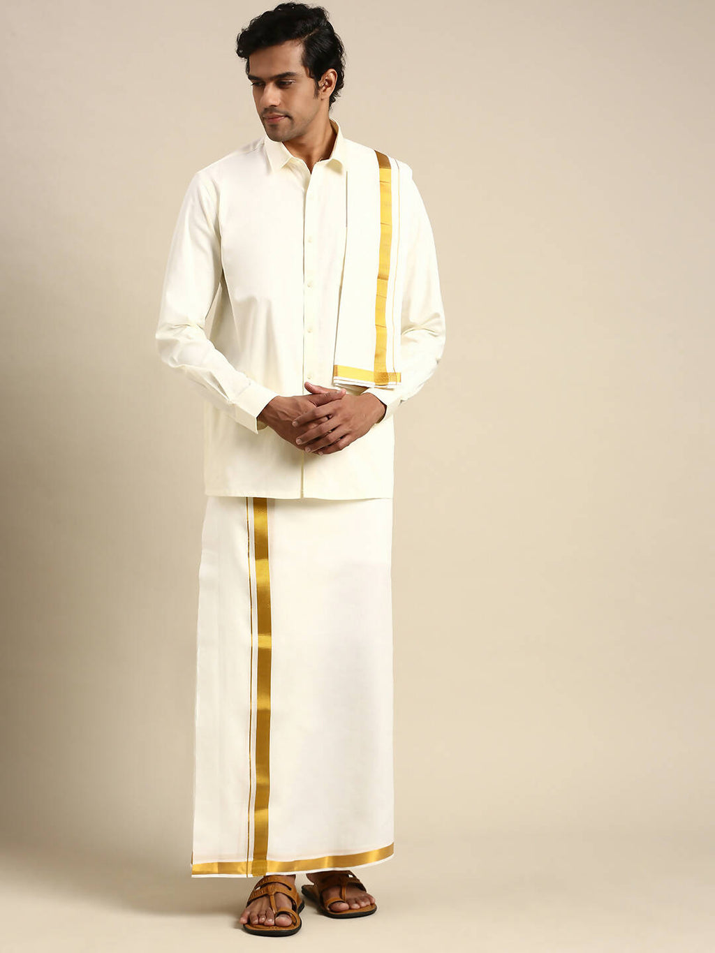 Ramraj Cotton Mens Wedding Cream Regular Dhoti, Shirt & Towel Set Subhakalyan 1/2"