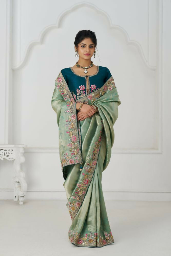Kesar Fab Trending Reception Green Color With Multi-Thread Embroidery Saree