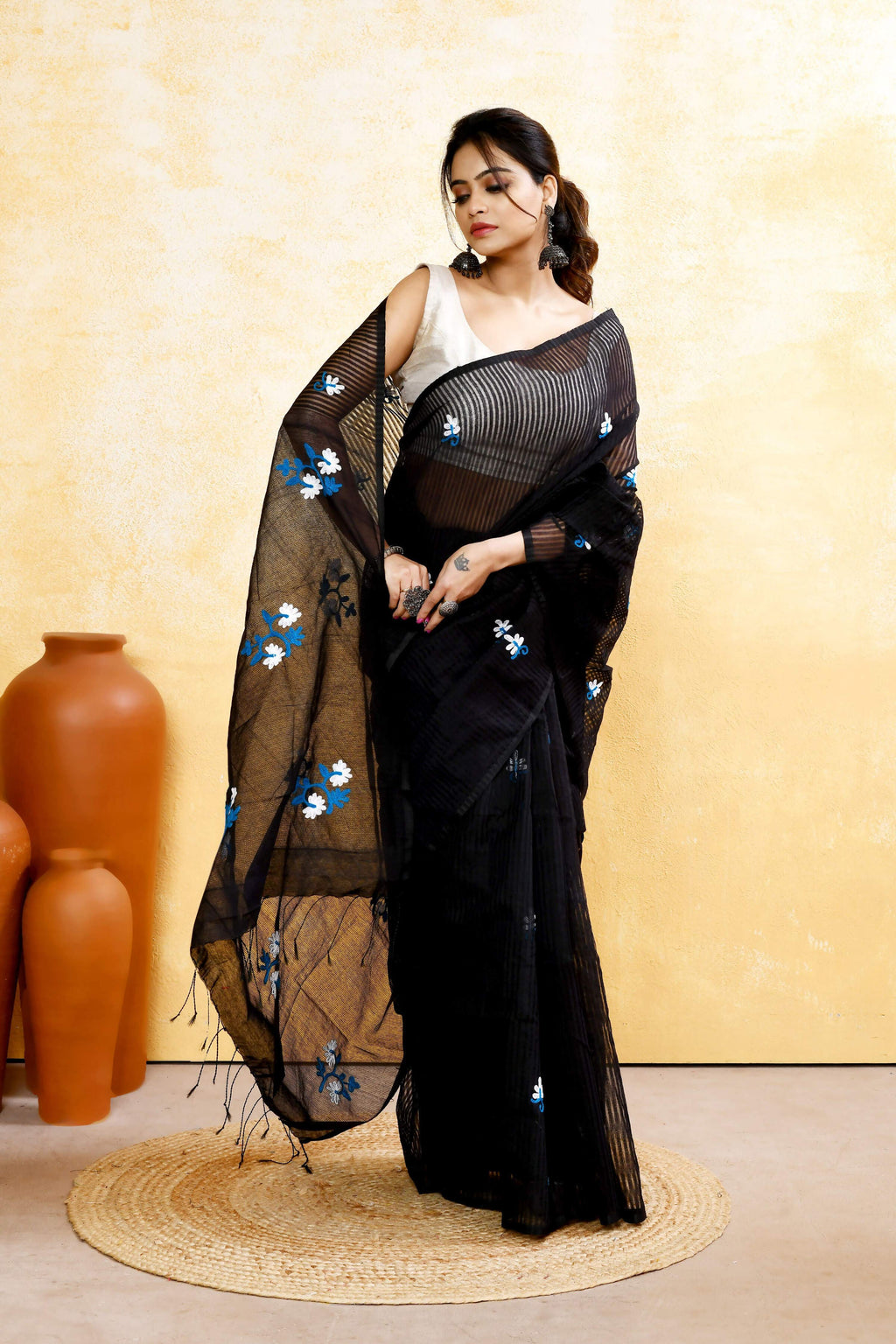 Piyari Fashion Women's Black Embellished Cotton Blend Embroidery Saree - Distacart
