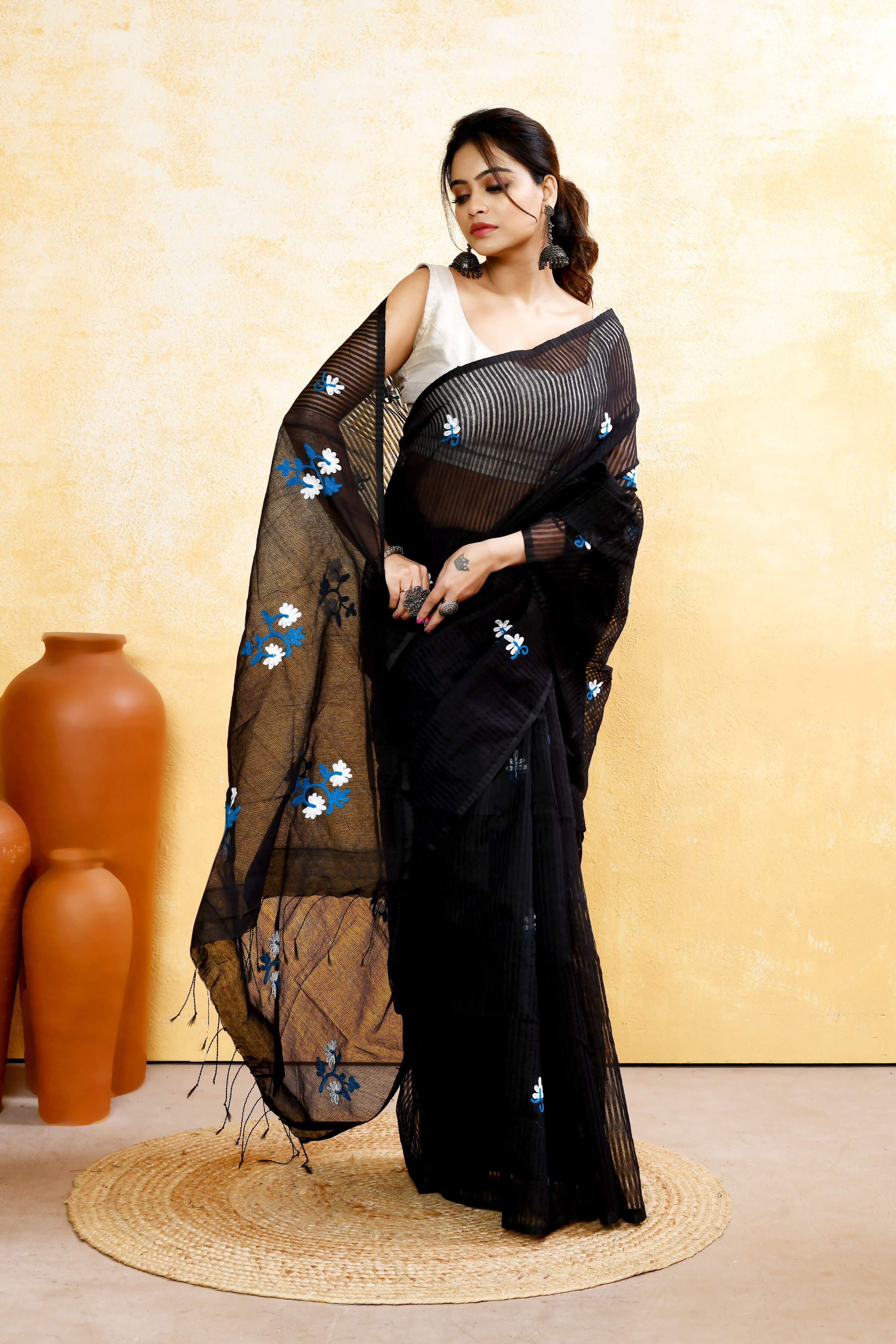 Piyari Fashion Women's Black Embellished Cotton Blend Embroidery Saree - Distacart
