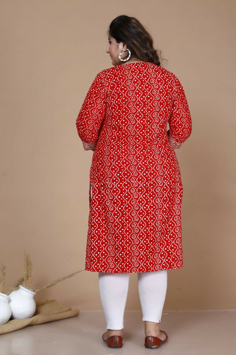 Miravan Women's Plus Size Festive Wear Red Bandhani Printed Straight Kurta