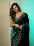 Joban Fashion Green Viscose Velvet Party Wear Sarees - Distacart