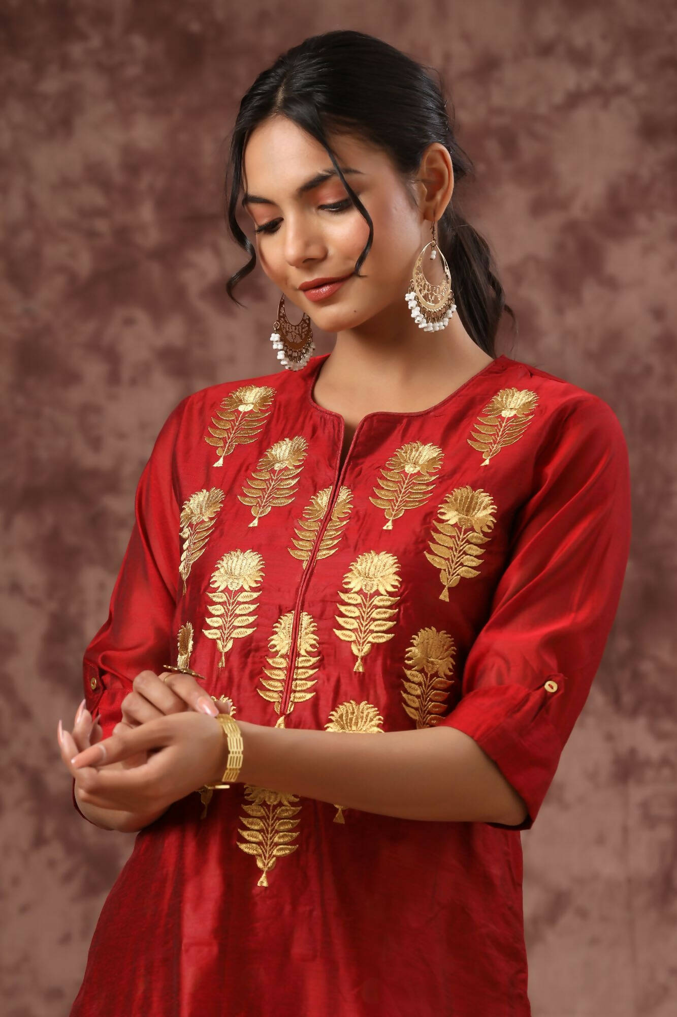 Juniper Women Maroon Chanderi Silk Embroidered & Printed Layered Dress - Distacart