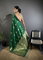 Joban Fashion Dark Green Banarasi Lichi Silk Gold Zari Meena Saree - Distacart