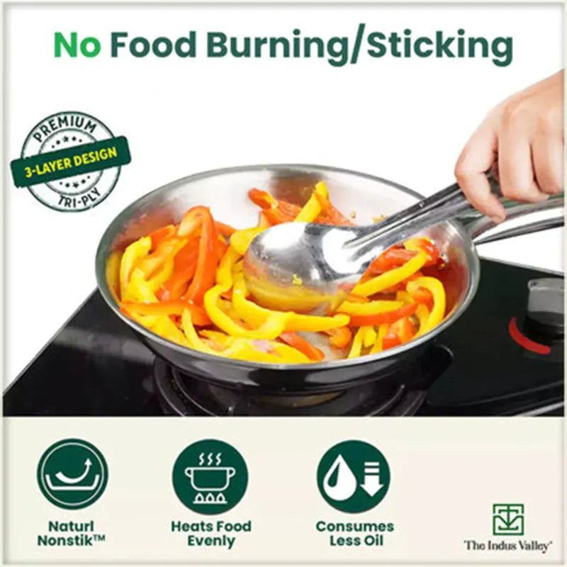 The Indus Valley TurboCuk Tri-ply Stainless Steel Cookware Set: 3L Kadai with Lid + 1.4L Fry Pan, Premium Quality, 3 Layer Thick Body, 100% Toxin-free, Non-stick, Induction & Gas - Distacart