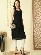 Myshka Women's Black Georgette Sleeveless Straight Party Kurta