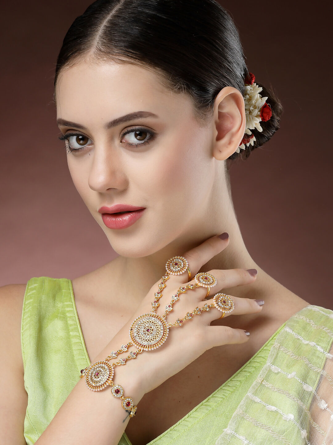 NVR Women's Gold-Polished CZ Stone-Studded Handcrafted Ring Bracelet - Distacart