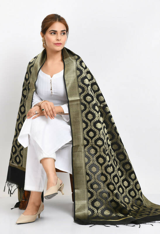 Mominos Fashion Moeza Women's Banarsi Silk All Over Woven Design Black Dupatta - Distacart