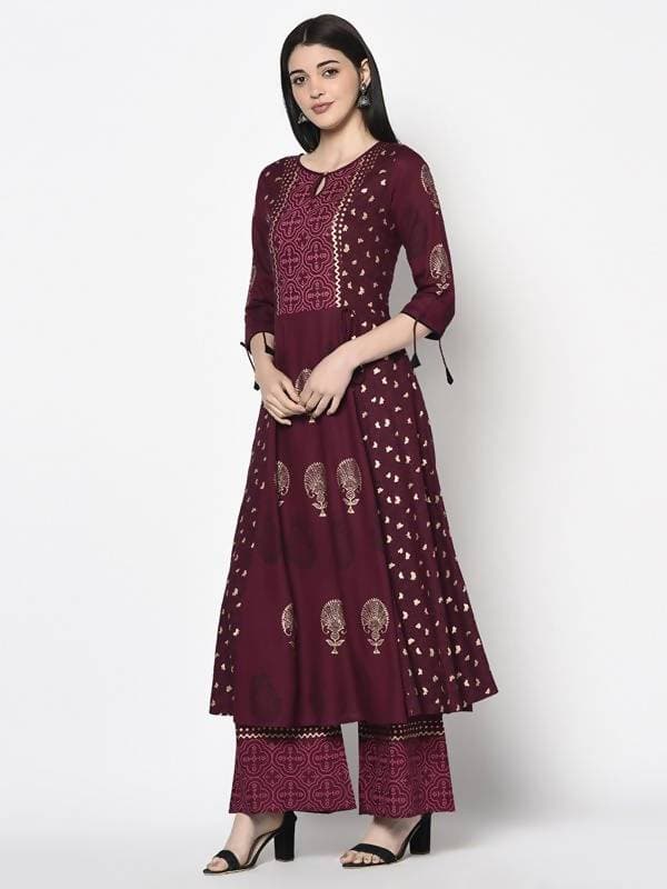 Aniyah Rayon Wine Color Block Print Anarkali Palazzo Set (AN-171K)
