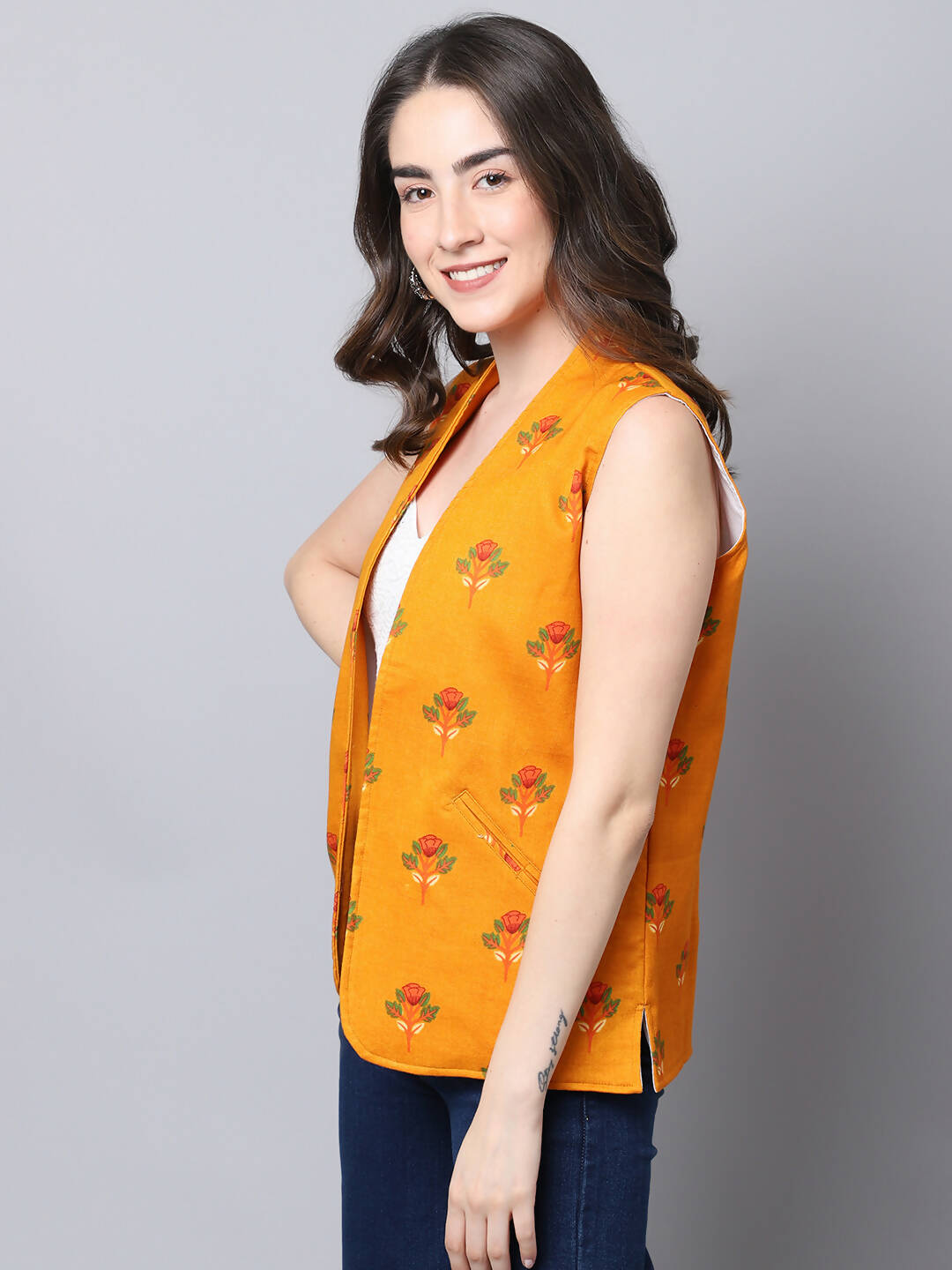 Even Apparels Yellow Viscose Rayon Open Front Waistcoat - Distacart