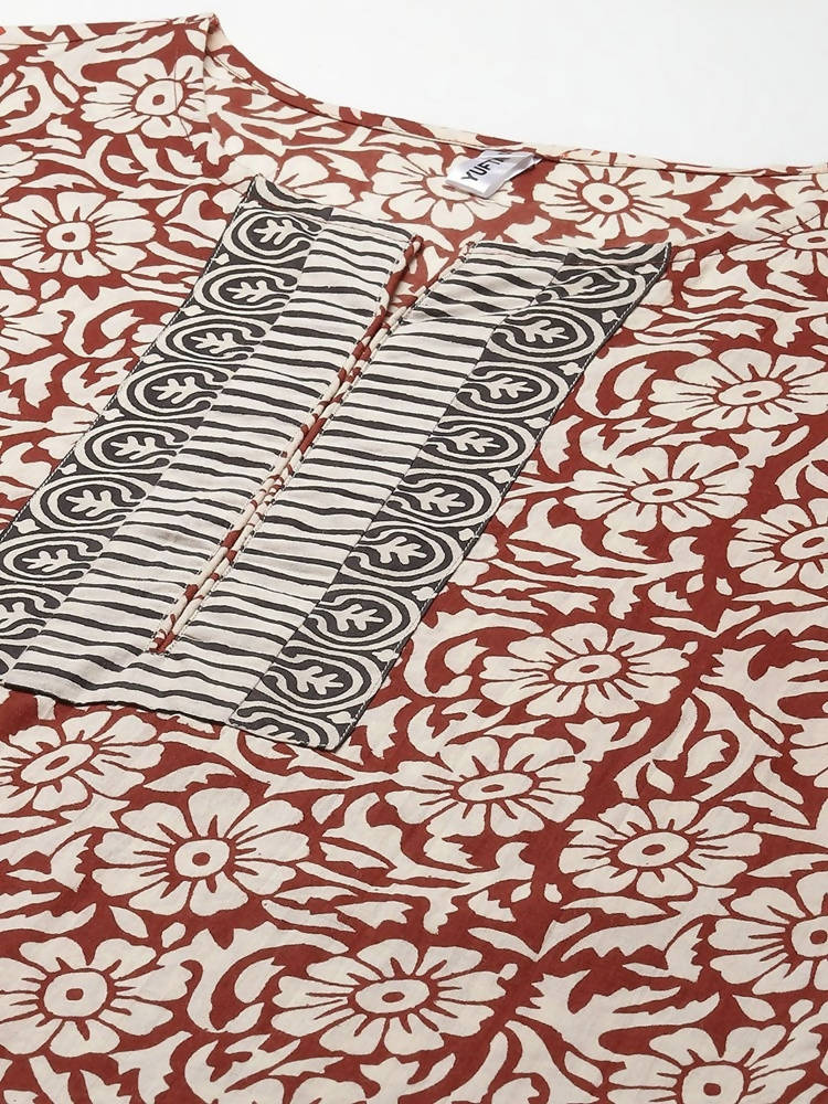 Yufta Women Beige And Rust Printed Kurta with Trouser & With Dupatta