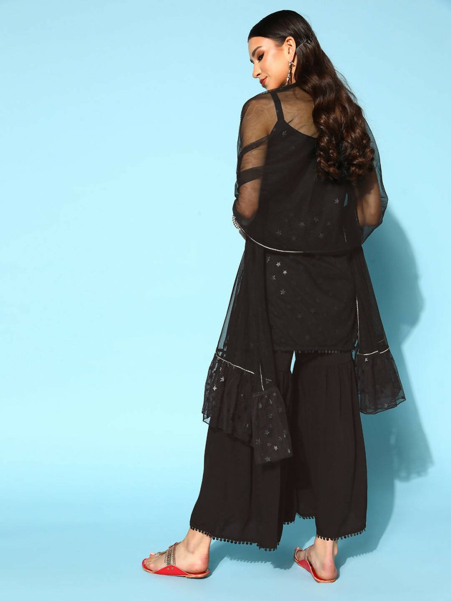 Ahalyaa Women Black Colour Crepe Foil Printed Kurta Sharara Set With Dupatta - Distacart