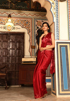 Red Tom Silk Plain Ready To Wear Saree With Stitched Blouse - Satiksha