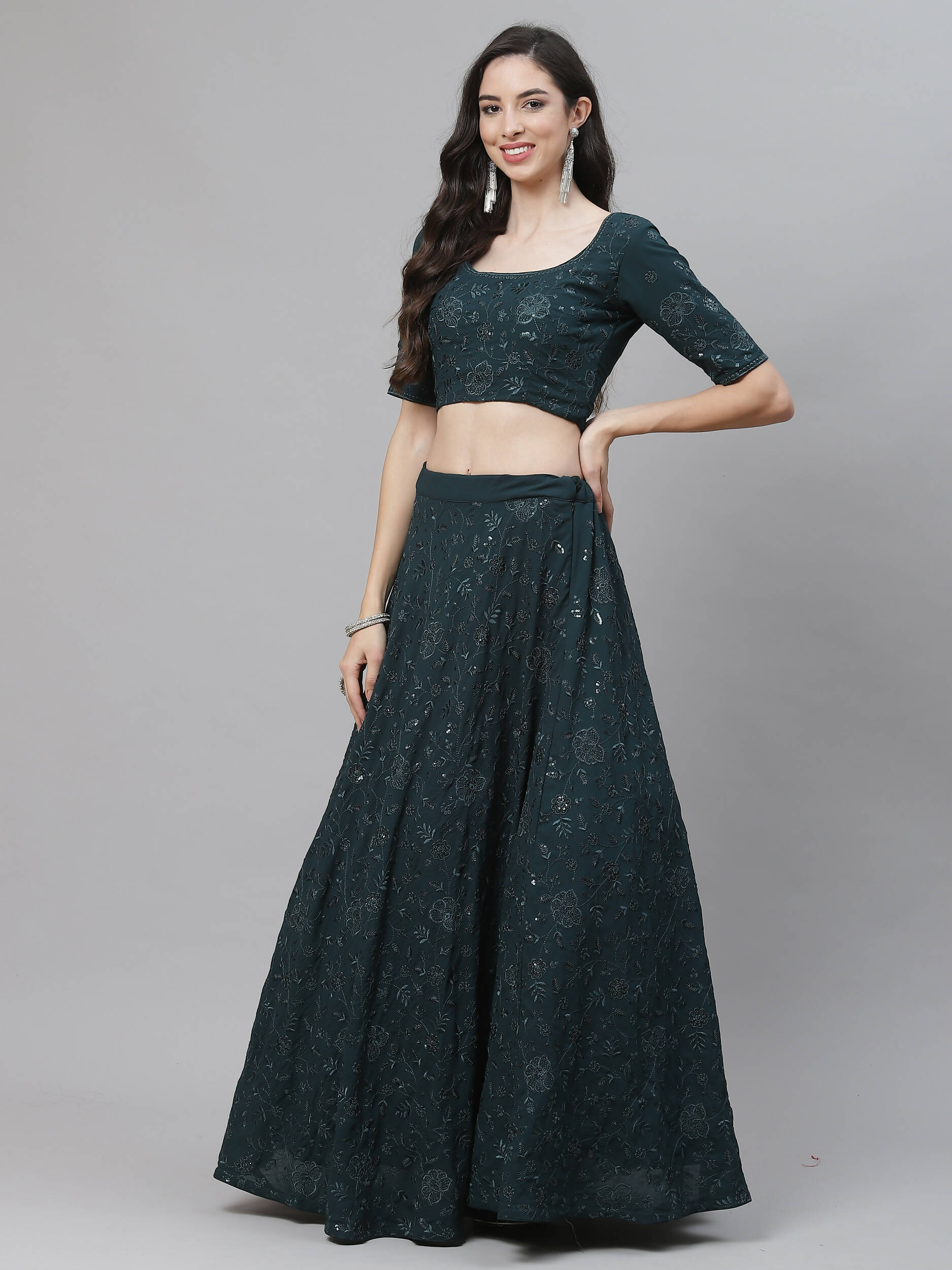Green Georgette Thread with Sequins Embroidery Work Lehenga Choli with Dupatta - Jivika