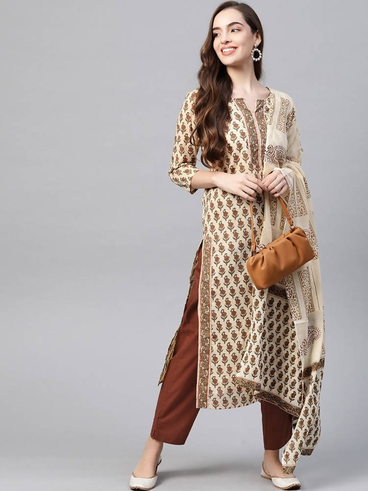 Yufta Women Beige Ethnic Motifs Printed Pure Cotton Kurta with Trouser & Dupatta