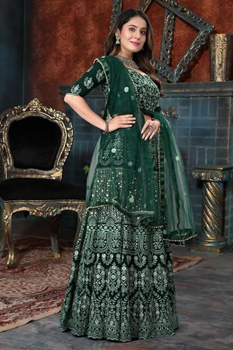 Jyoti Fashion Beautiful Bottle Green Faux Georgette 3MM Sequins with Thread & Jari Embroidery Lehenga Choli with Dupatta
