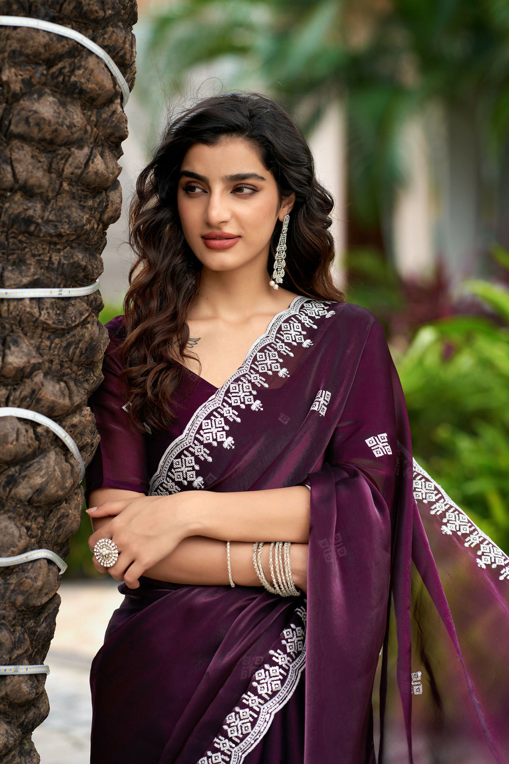 Vastranavya Wine Embroidery Work Shimmer Chiffon Saree with Unstitched Blouse - Distacart