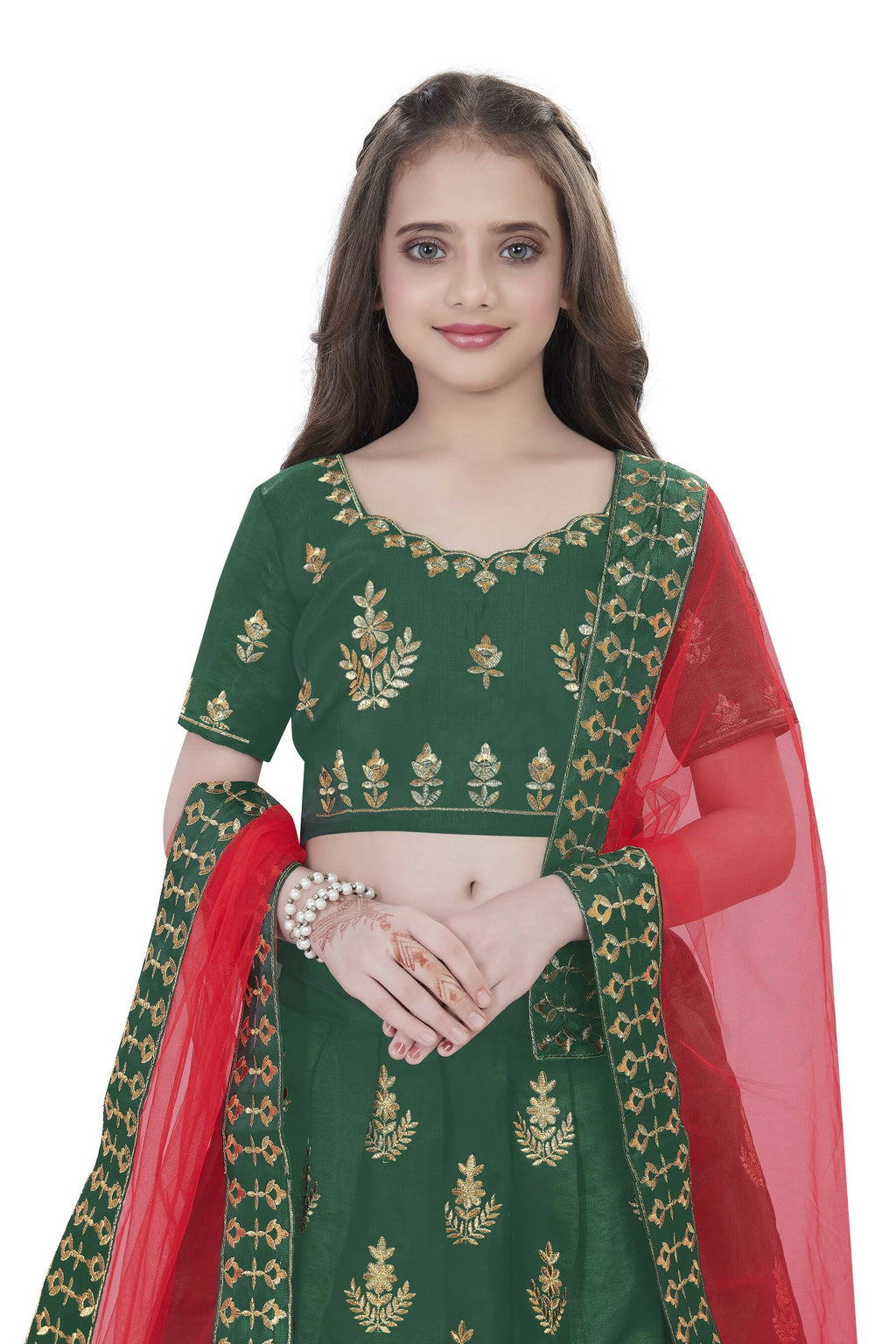 Dwiden Green Kamal Tafetta Sattin Semi-Stitched Girl's Lehenga Choli