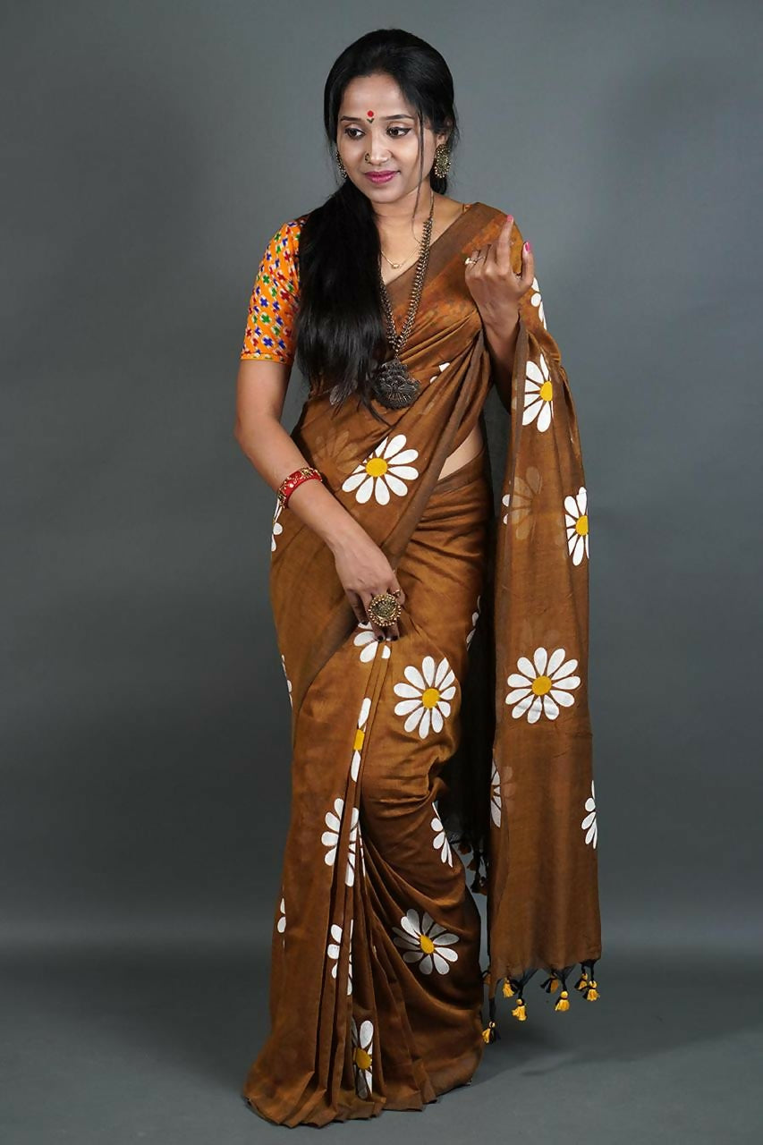 Exclusive Collection Brown Pure Cotton Saree With Sunflower Design - Distacart