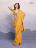Yellow Georgette Bandhani Printed,Embroidery Work Saree - Surkhi