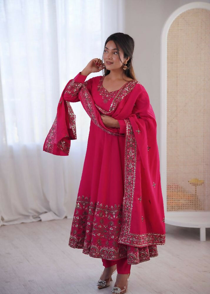 Teeya Creation Pink Roman Silk Embroidery Work Party Wear long Gown - Distacart