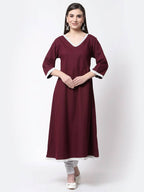 Myshka Burgandy Printed Cotton Full Sleeve V Neck Casual Kurta Dupatta Set