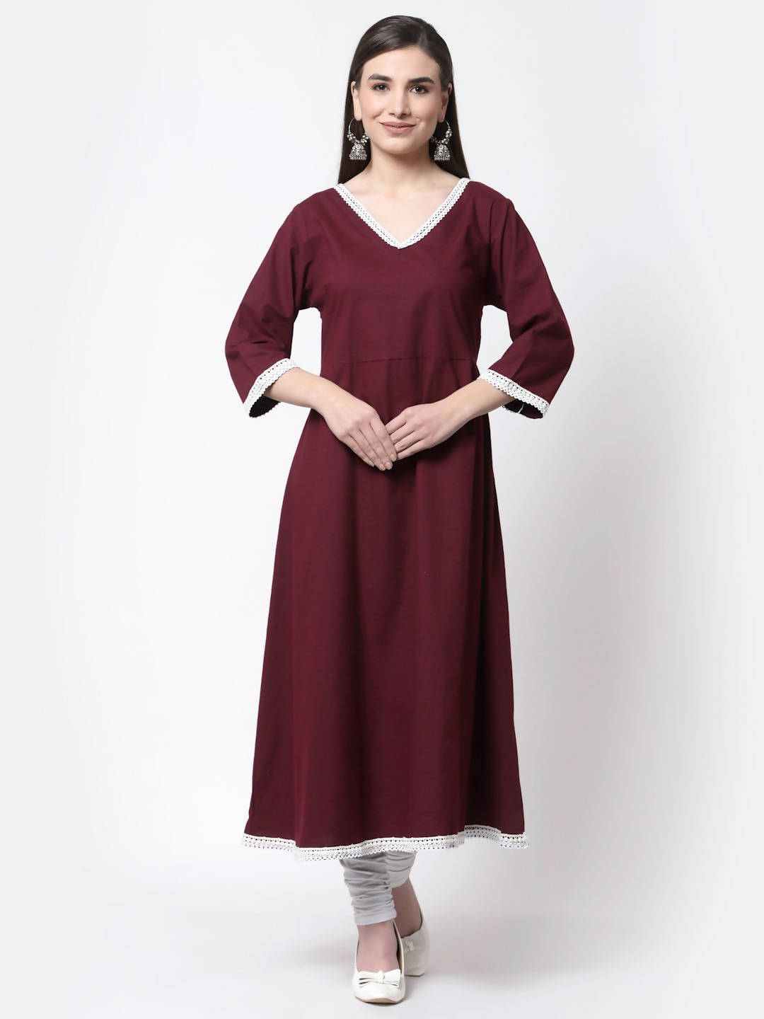 Myshka Burgandy Printed Cotton Full Sleeve V Neck Casual Kurta Dupatta Set