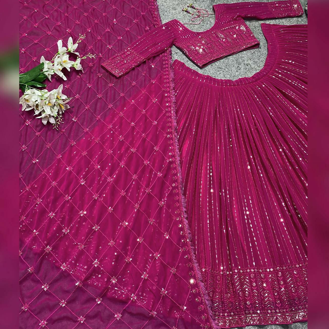 Jyoti Fashion Women's Rani Pink Faux Georgette 3MM Sequins Embroidered Designer Lehenga Choli Set