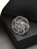 NVR Women's Silver-Toned Floral Shape Adjustable Finger Ring