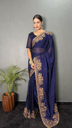 Vastranavya Blue Rangoli Silk Zari work with DMC Swarovski work Ready to Wear Saree