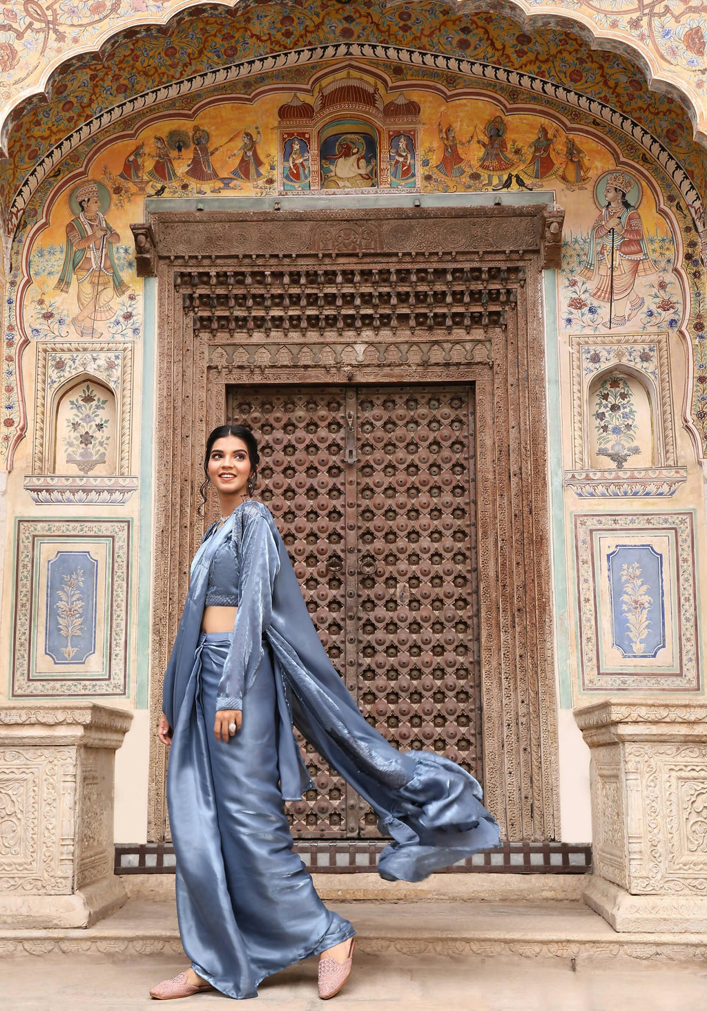 Sky Blue Tom Silk Plain Ready To Wear Saree With Stitched Blouse - Satiksha