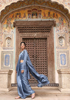 Sky Blue Tom Silk Plain Ready To Wear Saree With Stitched Blouse - Satiksha