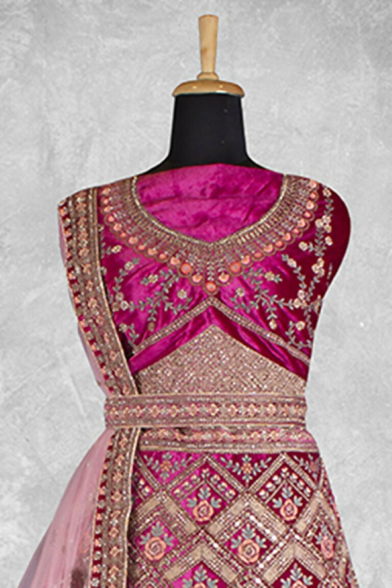 Pink Velvet Pure Mirror Work Semi Stitched Lehenga Choli with Dupatta - Nimaya Lagnotsav