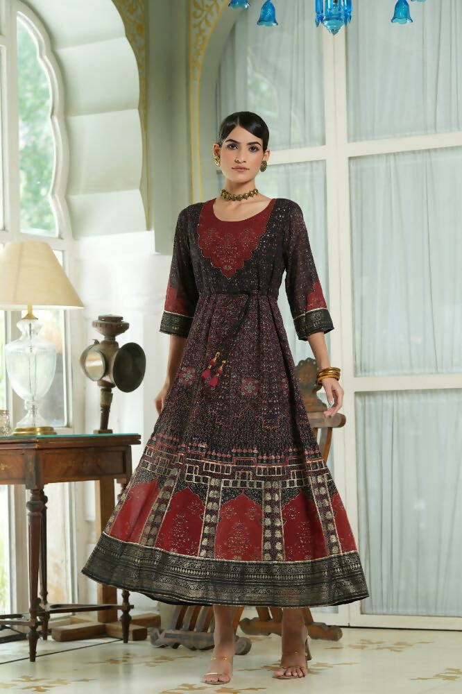Juniper Black Georgette Festive Printed Anarkali Flared Anarkali Kurta For Women - Distacart