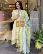 The52 Multi Women's Gorgeous Linen Silk Fabric Embroidered Work Straight Kurta Pant and Dupatta Set - Distacart