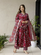 The52 Maroon Women's Gorgeous Rayon Fabric Printed Work Flared Kurta, Pant and Dupatta Set - Distacart