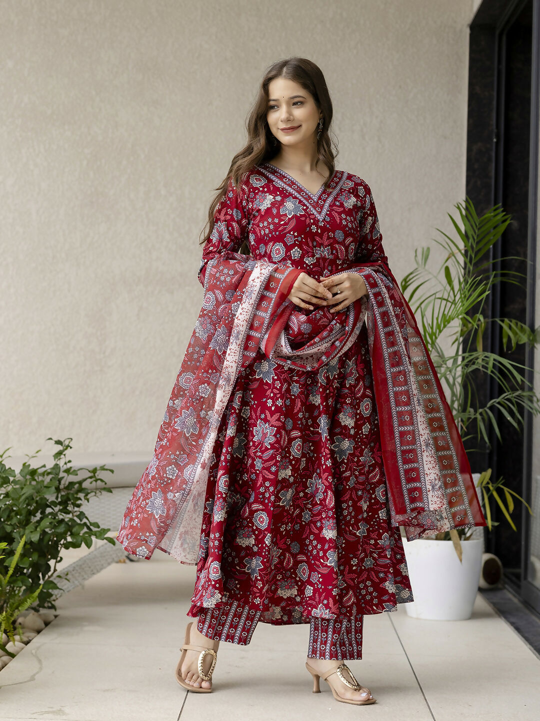 The52 Maroon Women's Gorgeous Rayon Fabric Printed Work Flared Kurta, Pant and Dupatta Set - Distacart