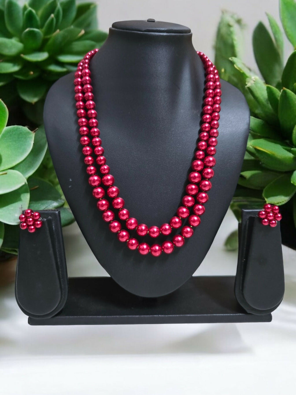 Inhanns Everyday Workwear Pearl Set (Double Layered Pearls) - Coral Red