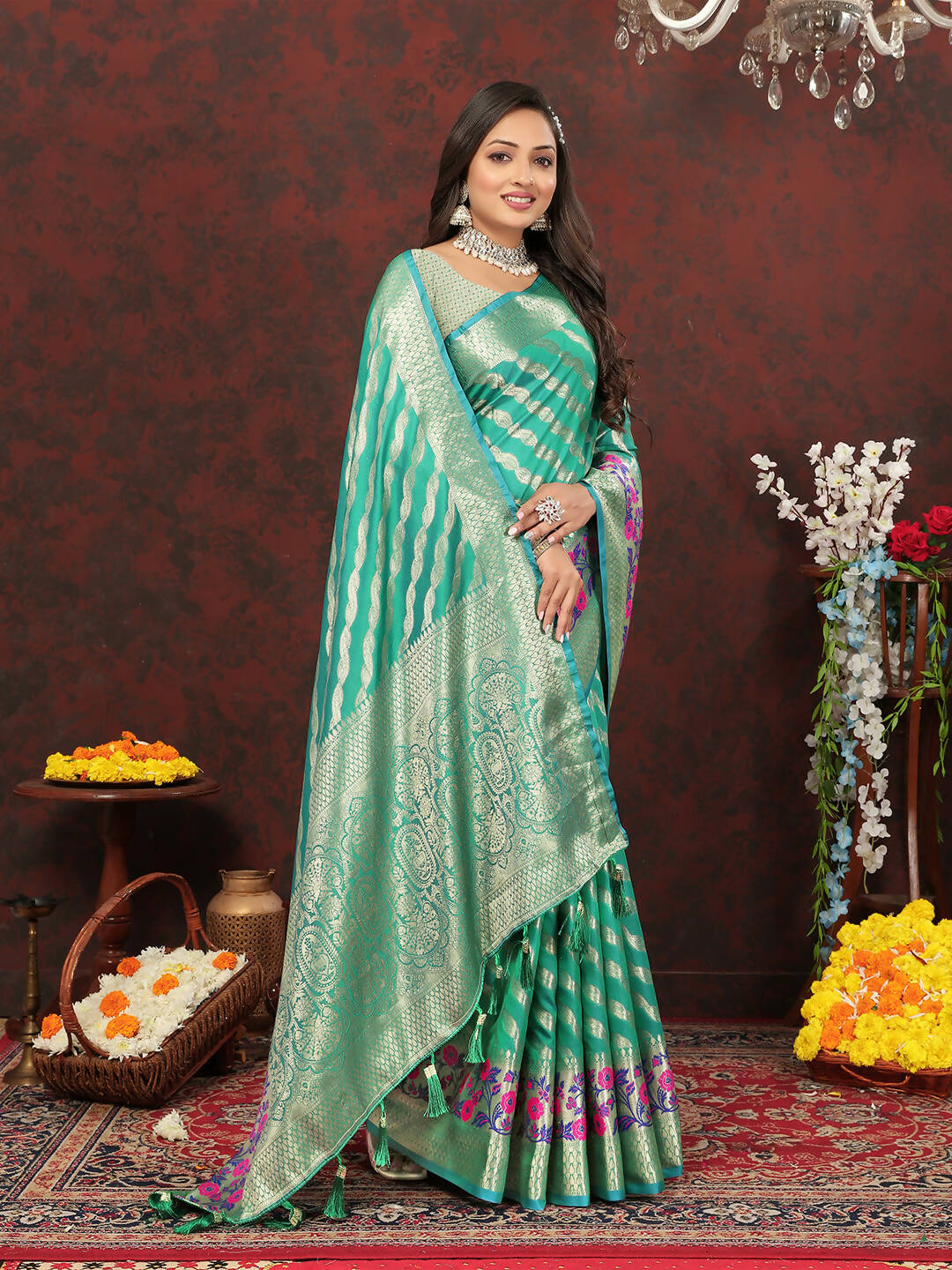 Lorenvalley Fashion Teal Soft Silk Woven Design with Zari Weaving Leheriya Design Saree
