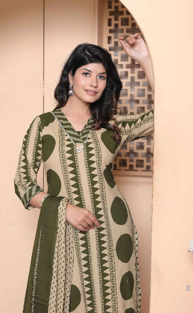 Miravan Womens Polka Dot Printed V-Neck Kurta With Palazzo And Dupatta Set - Distacart
