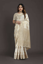 Off White Pure Raw Silk Zari Woven Saree with Unstitched Blouse Piece - Alisha